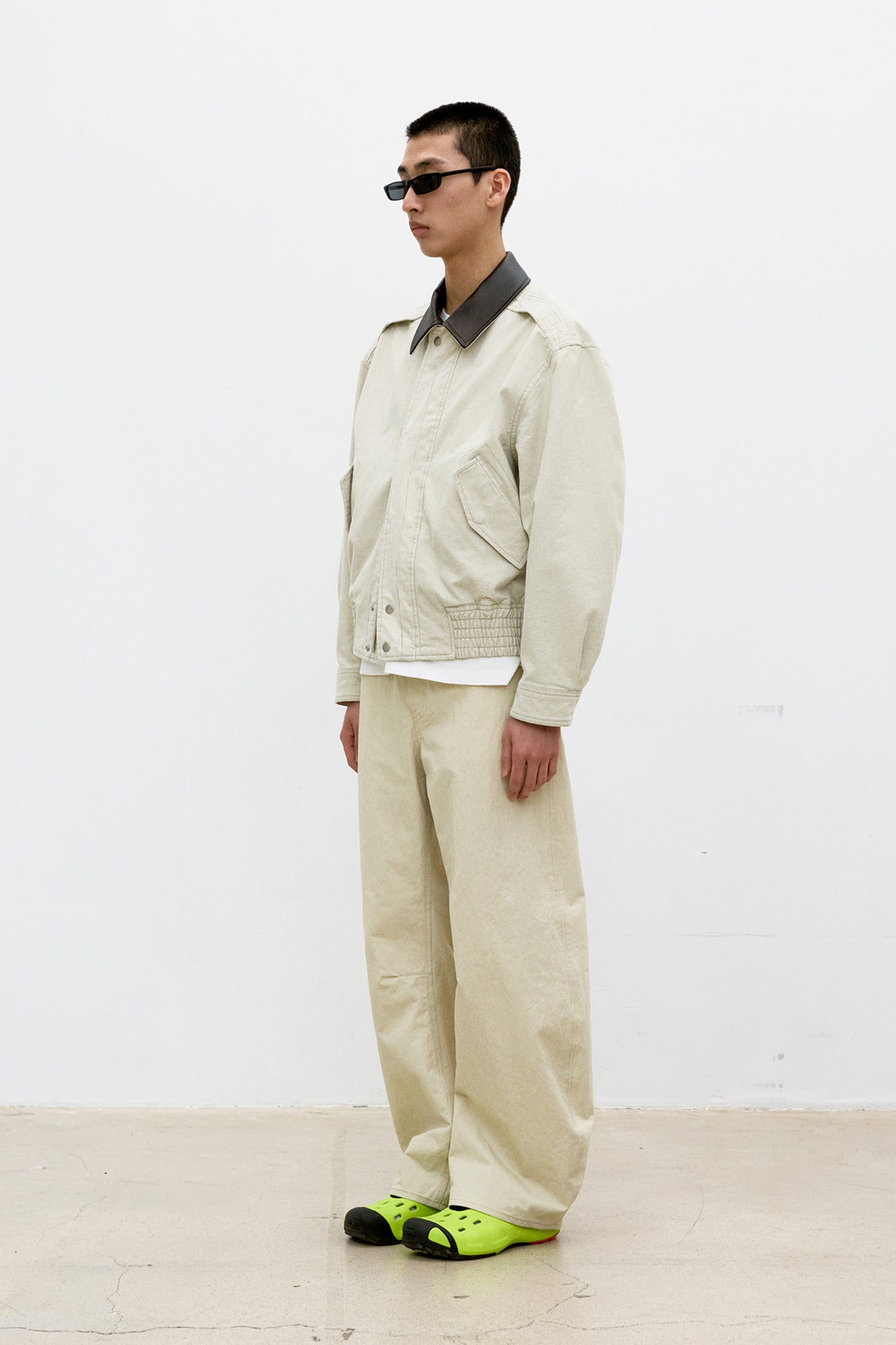 Deep Curved Cotton Blend Pants - Beige