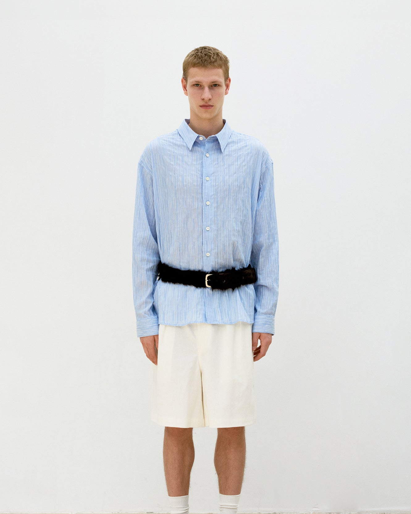Semi-Overfit Wrinkle Stripe Shirt - Sky Blue