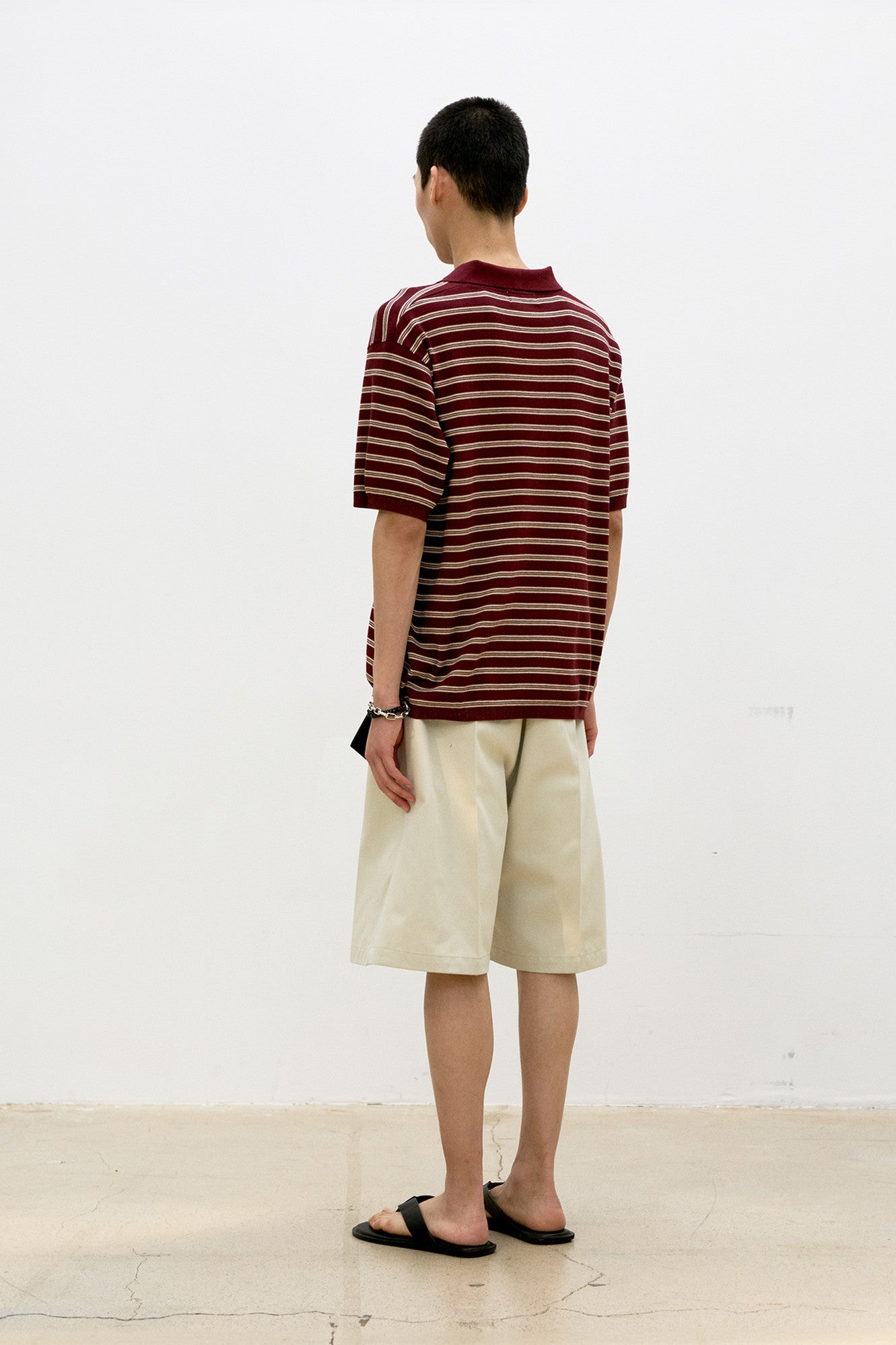 Open-Collar Stripe Sweater - Burgundy