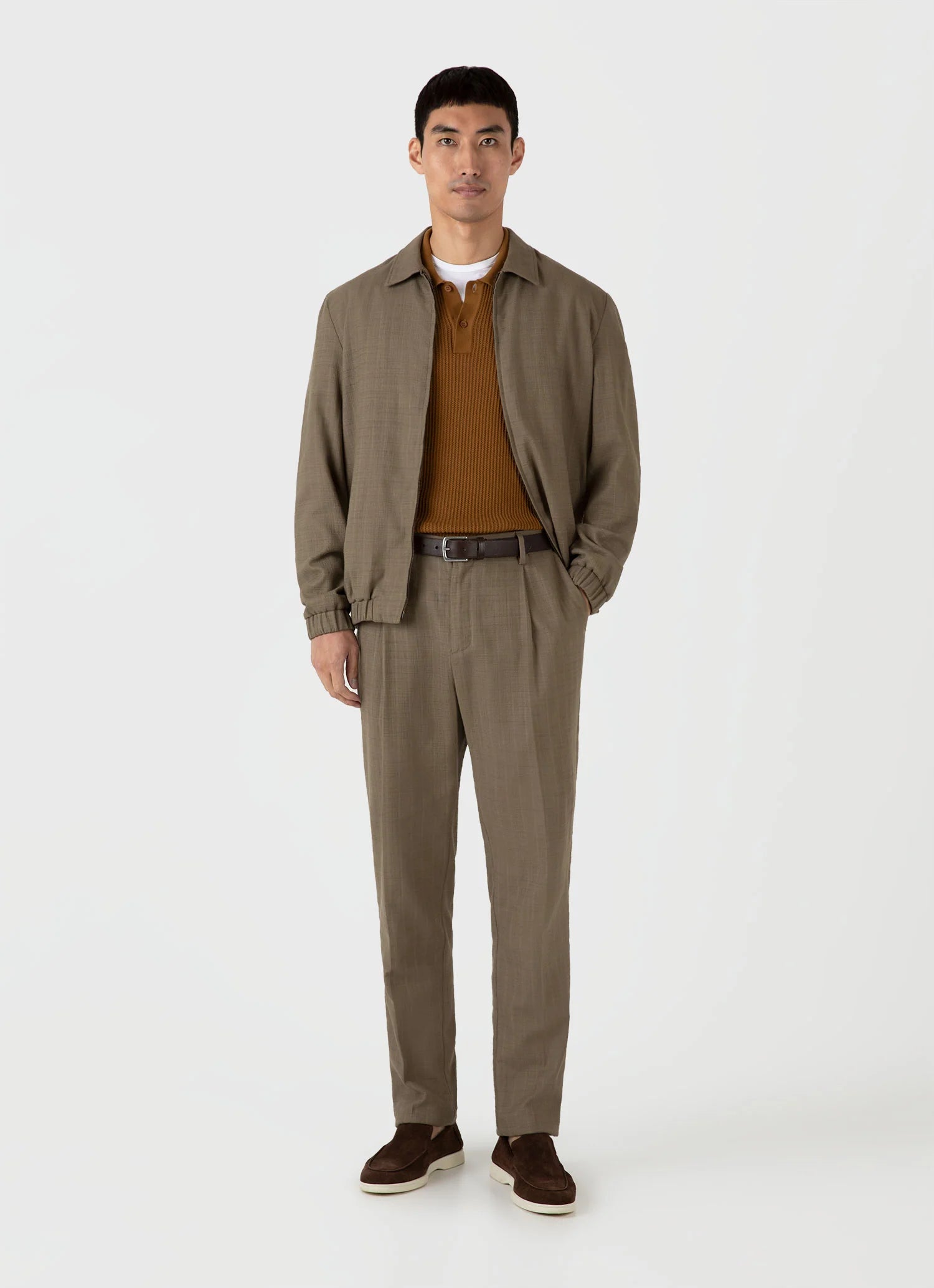 Linear Mesh Knit Polo Shirt - Golden Brown