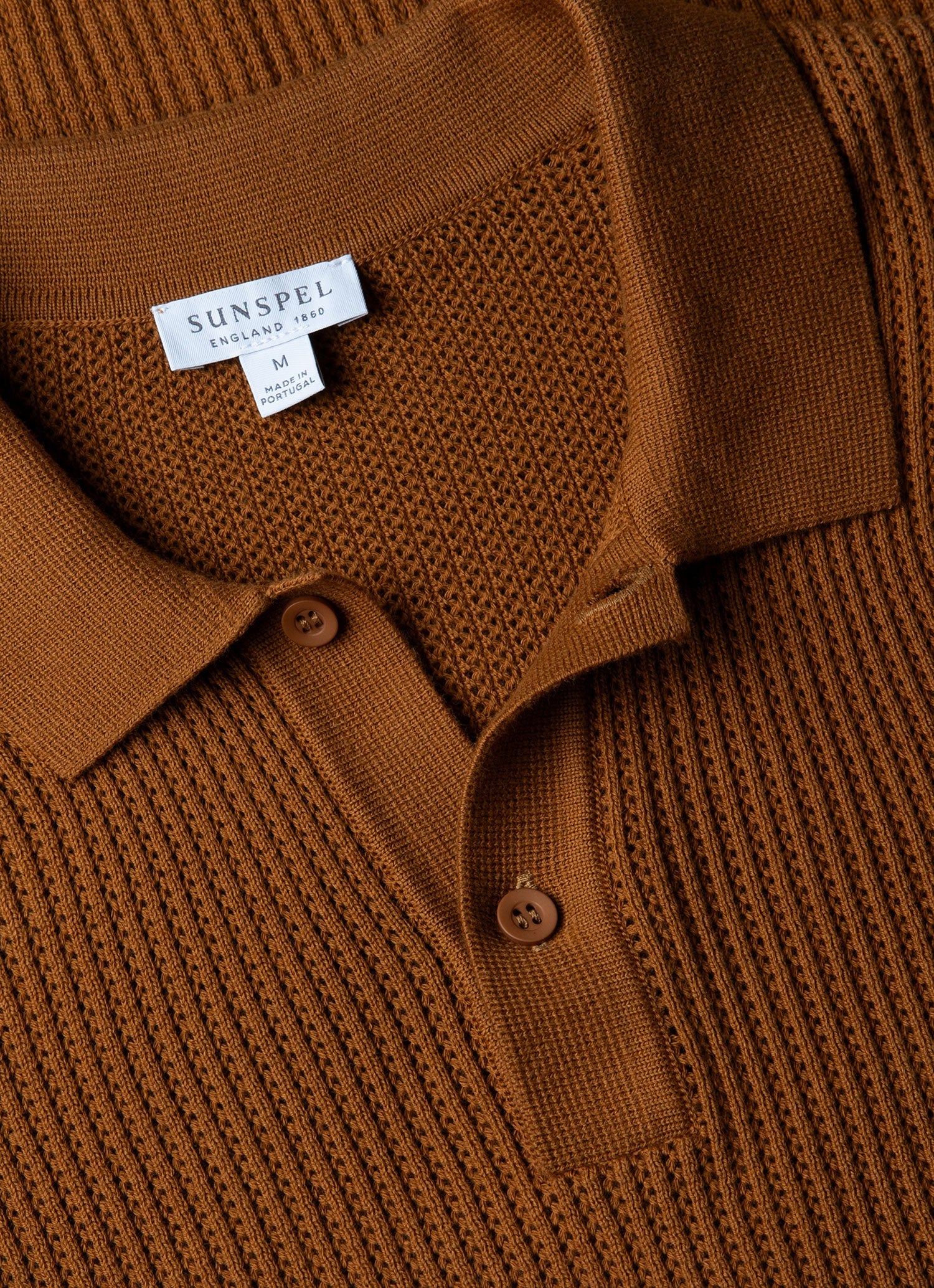 Linear Mesh Knit Polo Shirt - Golden Brown
