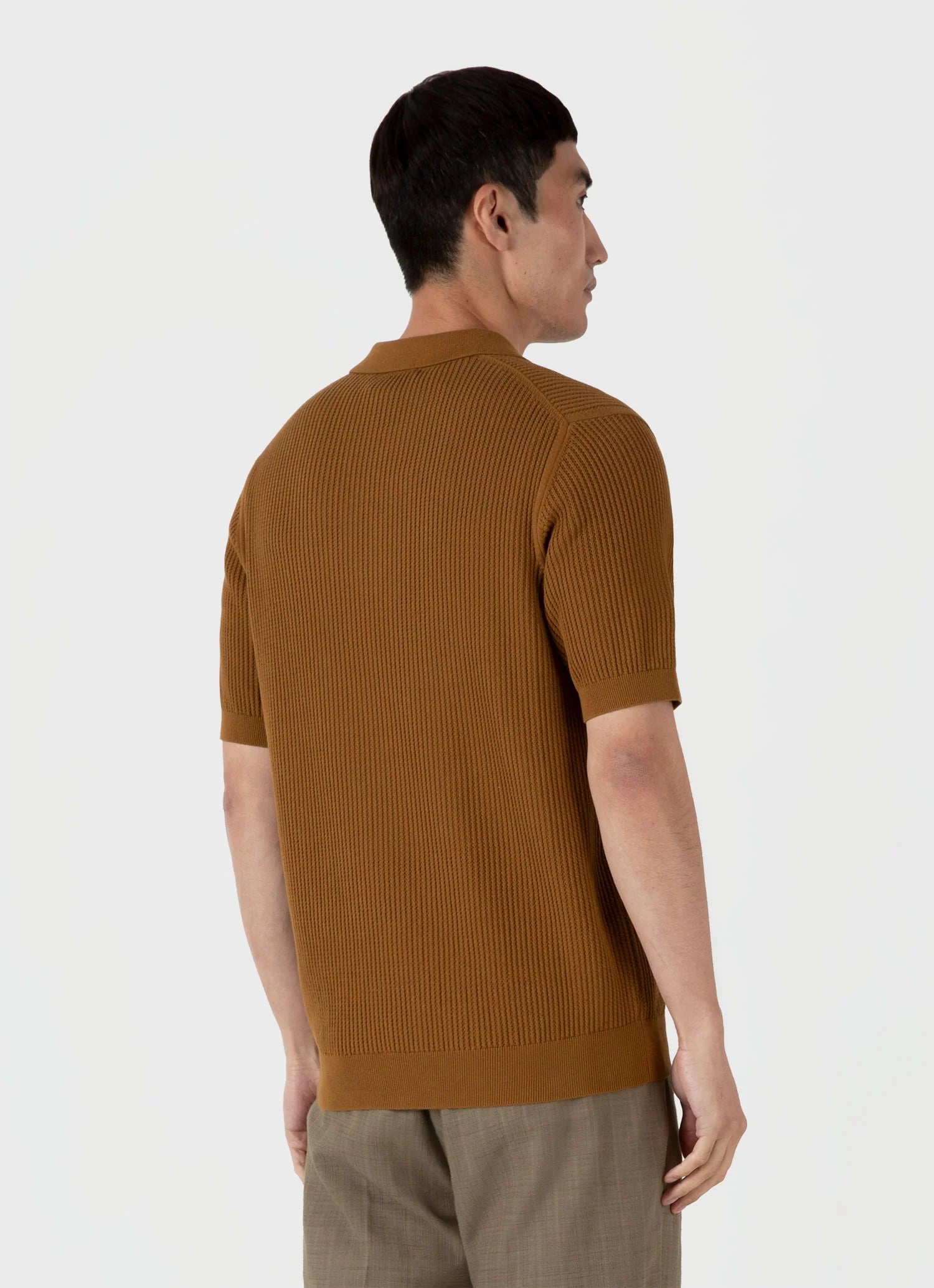 Linear Mesh Knit Polo Shirt - Golden Brown