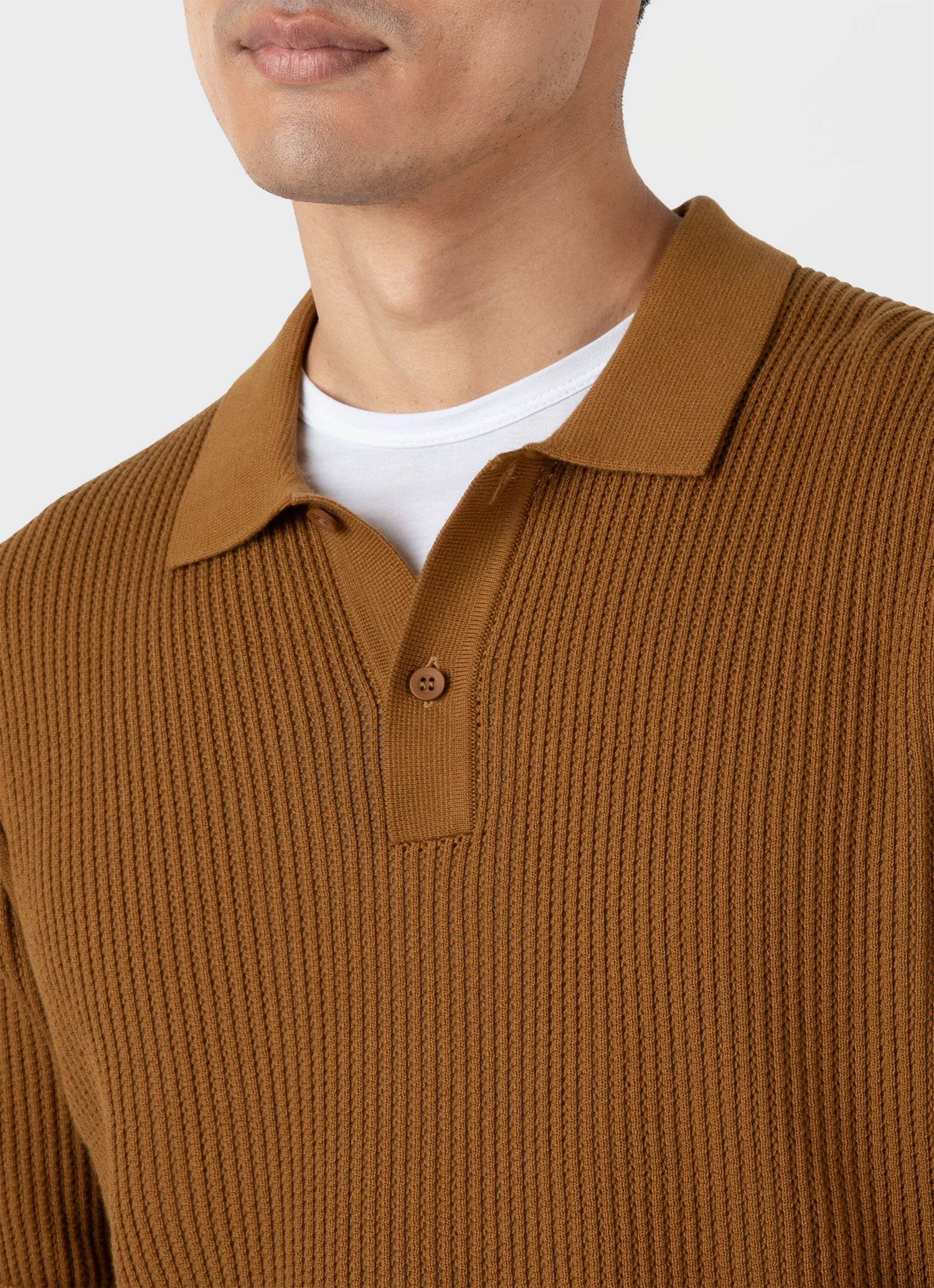 Linear Mesh Knit Polo Shirt - Golden Brown