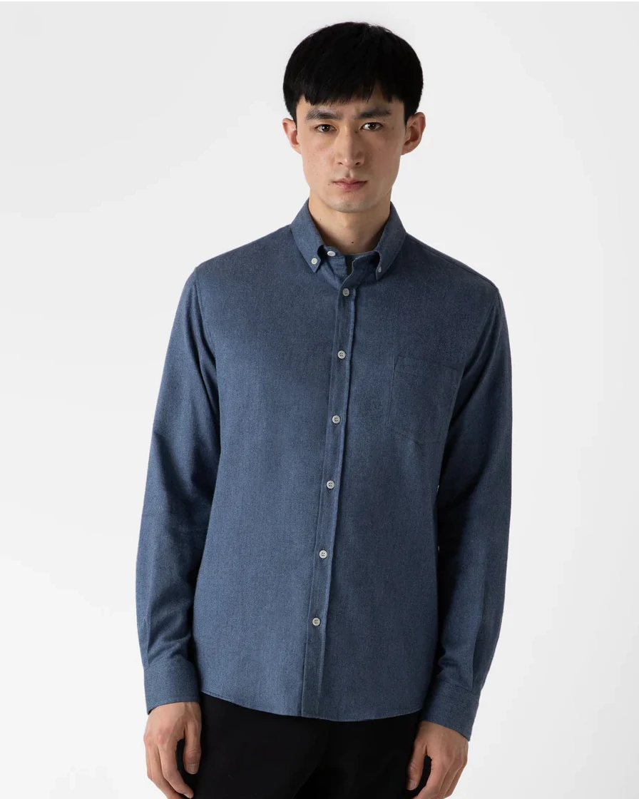 Brushed Cotton Flannel Shirt - Blue Melange