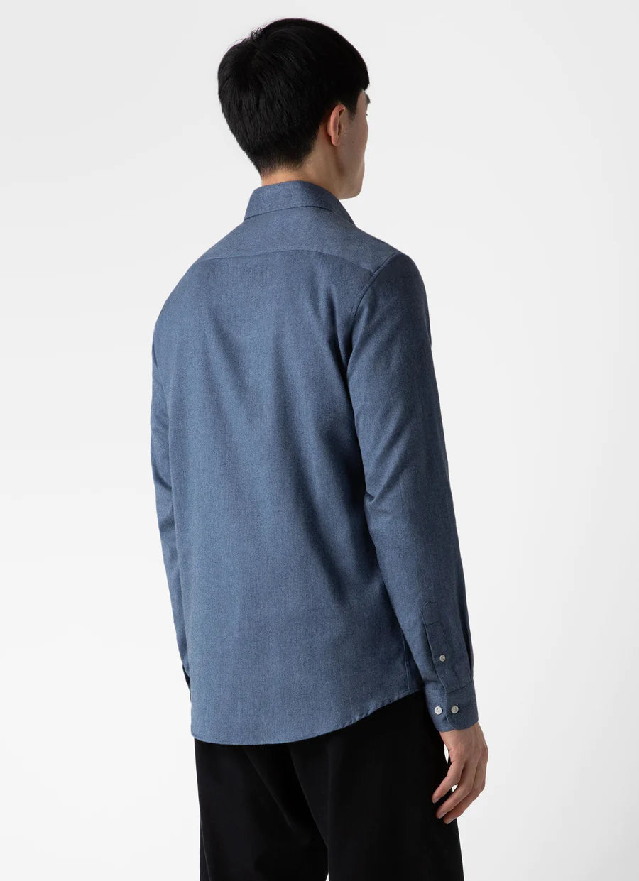 Brushed Cotton Flannel Shirt - Blue Melange