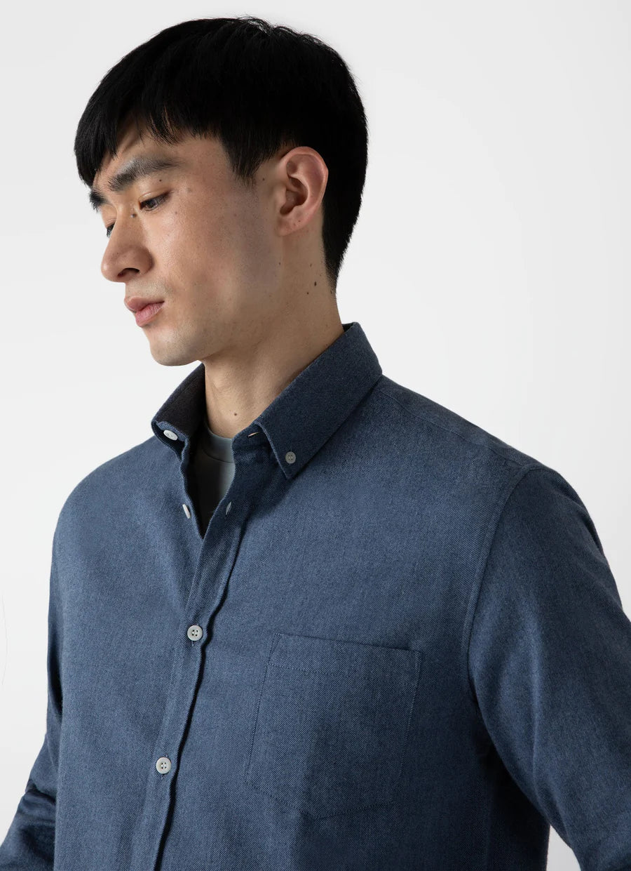 Brushed Cotton Flannel Shirt - Blue Melange