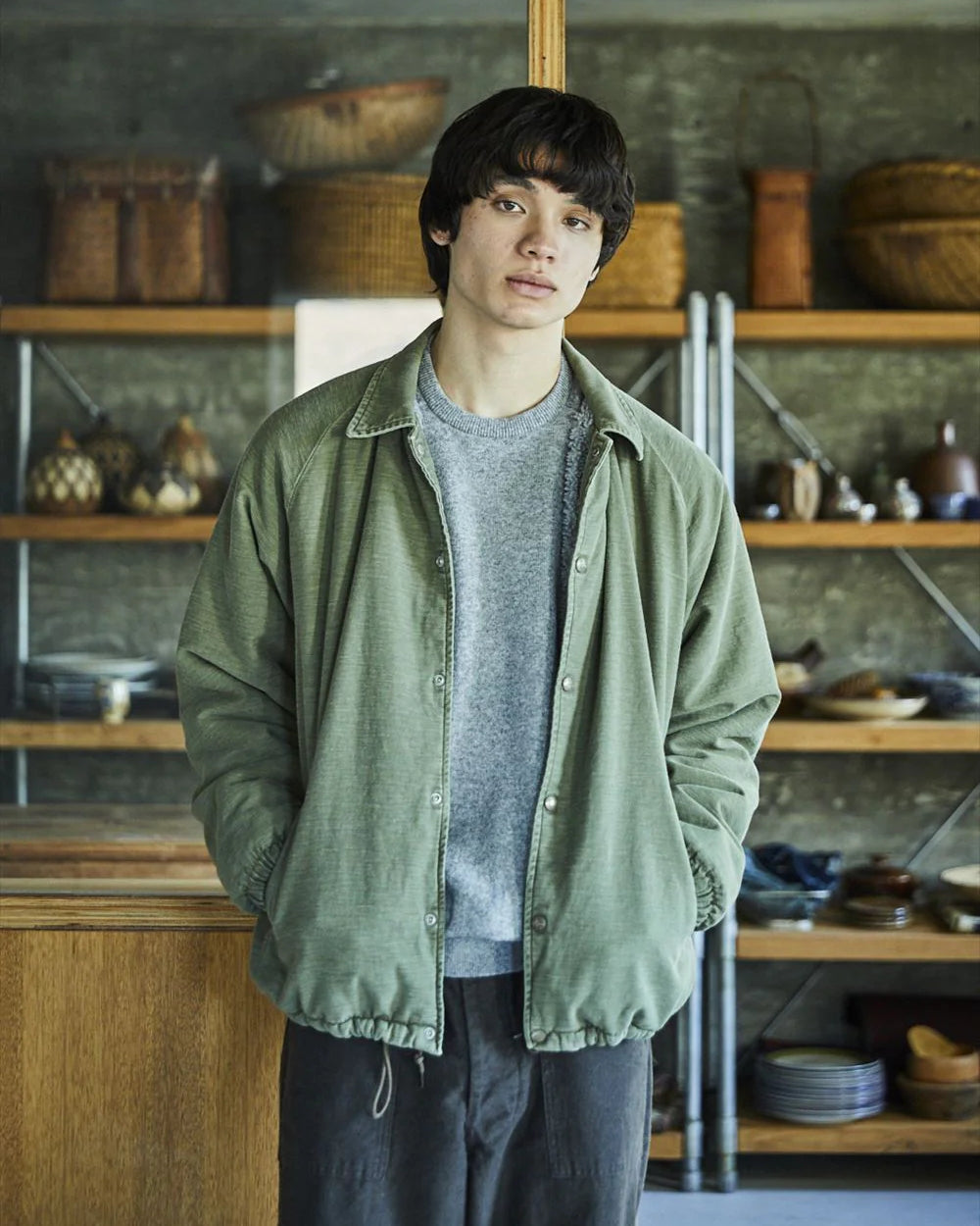 Vintage Washed Coach Jacket With Fleece Lining - Dark Olive