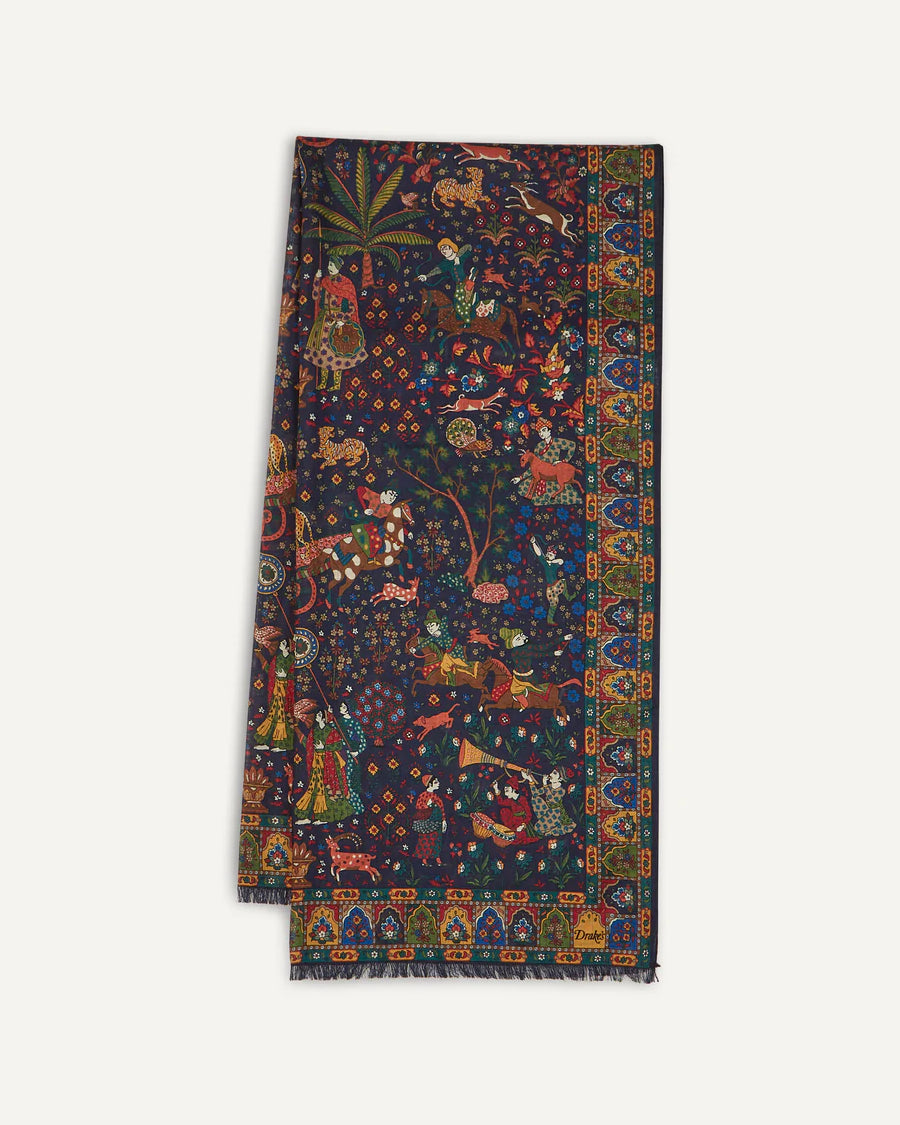 Mughal Hunter Print Wool-Silk Scarf - Navy