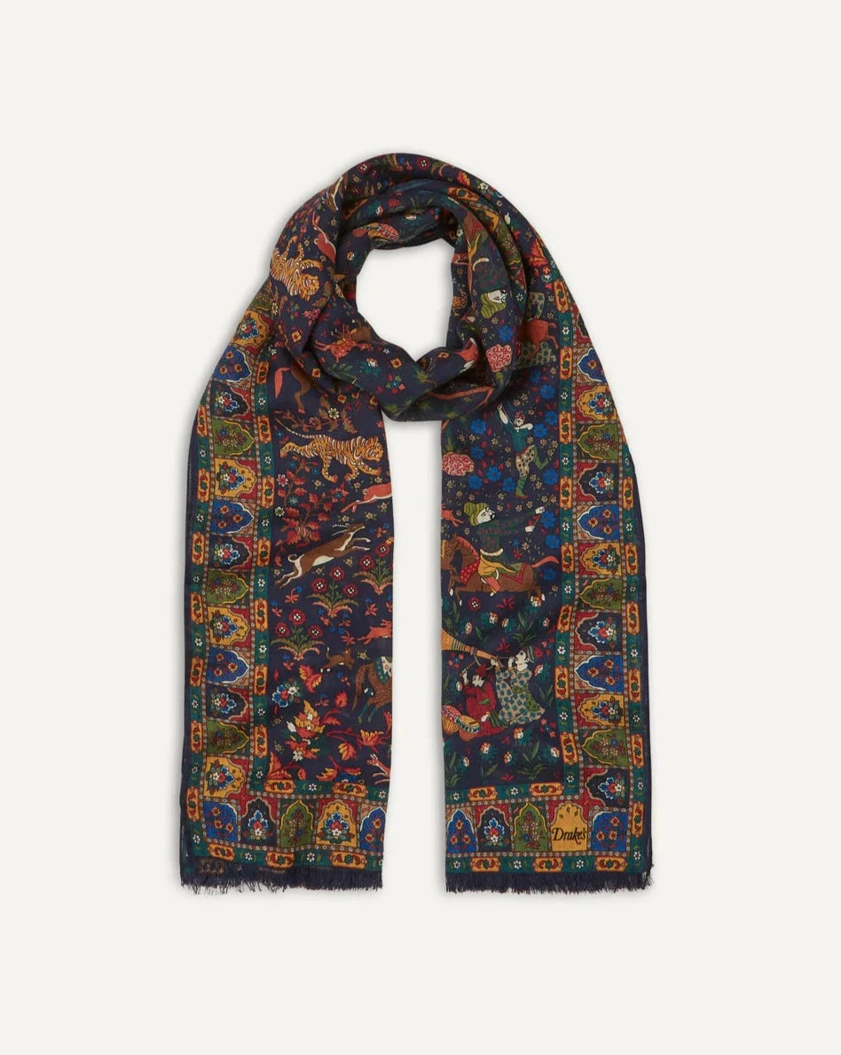 Mughal Hunter Print Wool-Silk Scarf - Navy