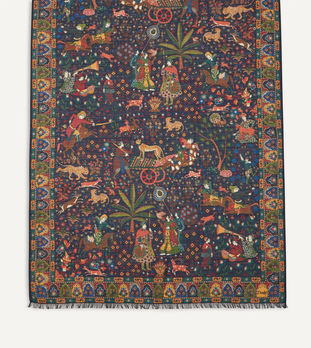 Navy Mughal Hunter Print Wool - Silk Scarf
