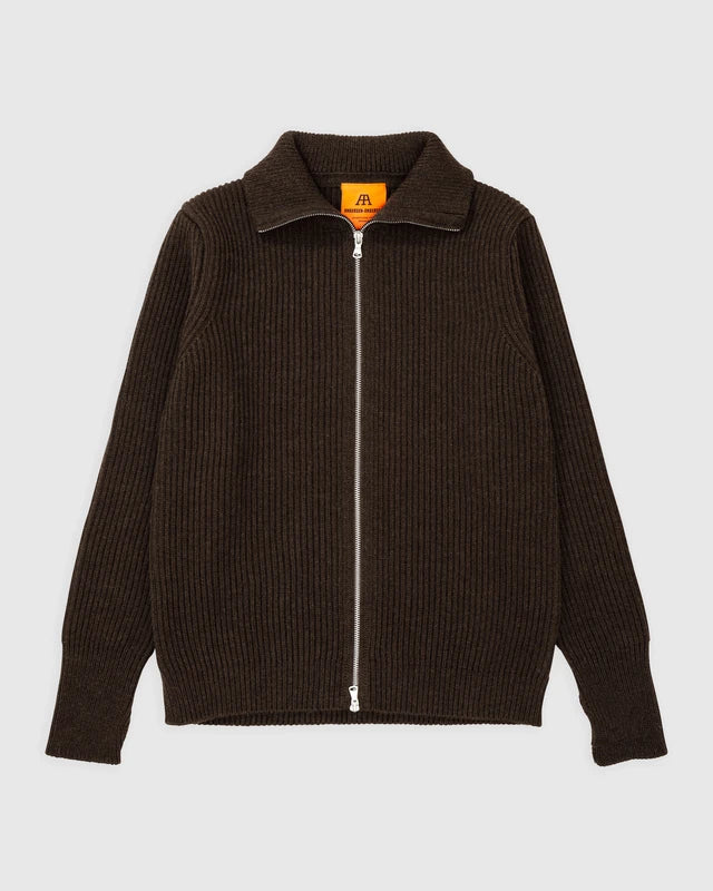 Navy Full Zip Sweater - Natural Brown